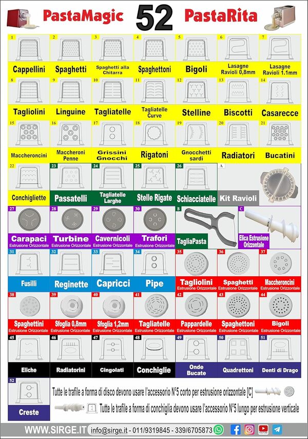 Sirge RITAPASTA Machine pour pâtes fraîches à la maison avec 22 fils de pâte – 300 W – ITALIAN PASTA - pour tous les types de farine + kit de ravioli