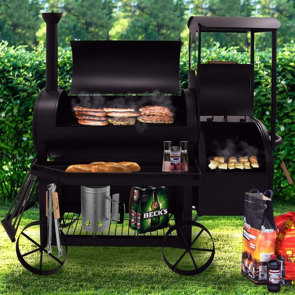 Barbecue de luxe locomotive Syntrox Germany Smoker S-2 Fumoir Grill BBQ roulant à charbon.
