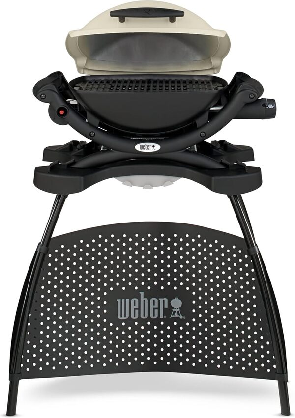 Weber Q1000 barbecue à gaz avec support, surface de cuisson 43 x 32cm, barbecue nomade, 1 brûleur, grille en fonte émaillée (2 parties), couvercle et cuve en fonte d'aluminium - Titanium (50060353)