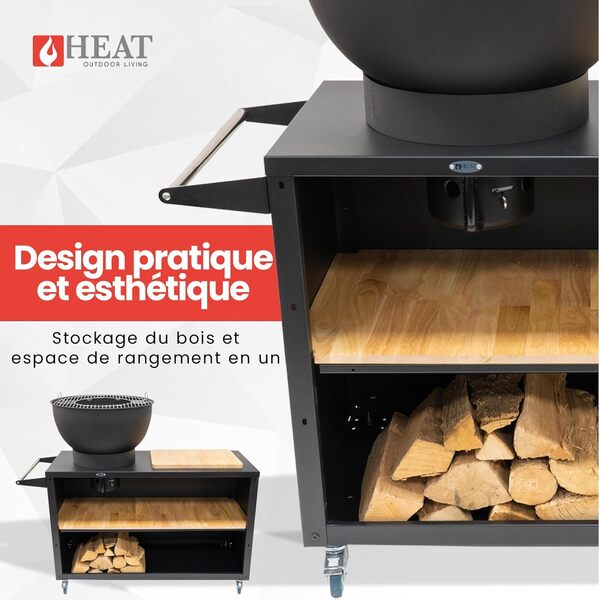 HEAT Outdoor Living Trolle Noir - Cuisine Exterieure - Barbecue avec Plancha et Grill - Brasero Exterieur Barbecue sur Roues - Cuisine d'extérieur en Acier - 117x46x106 cm (Noir)