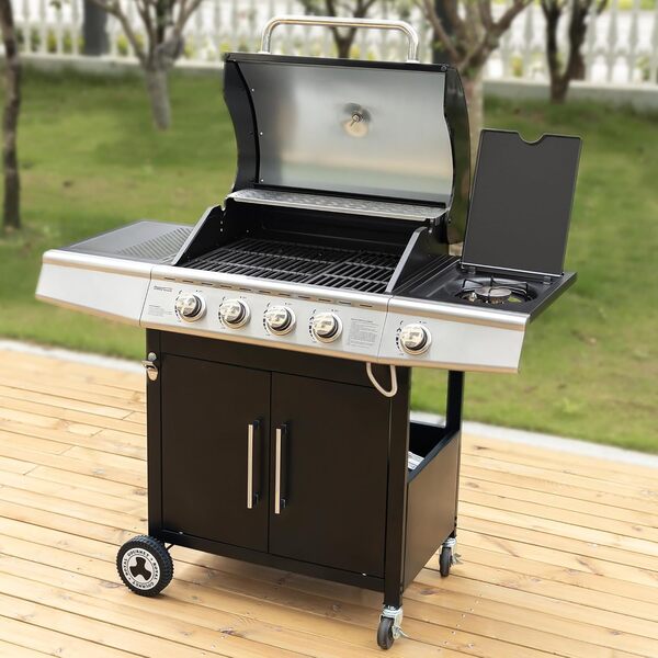Royal Gourmet Barbecue Gaz à 4+1 Brûleurs en Acier Inoxydable, Gril à Gaz de Puissance 14,5kW avec Tablettes et Thermomètre, 2 Roues Directionnelles, 2 Portes, Adapté pour Jardin et Extérieure, Noir