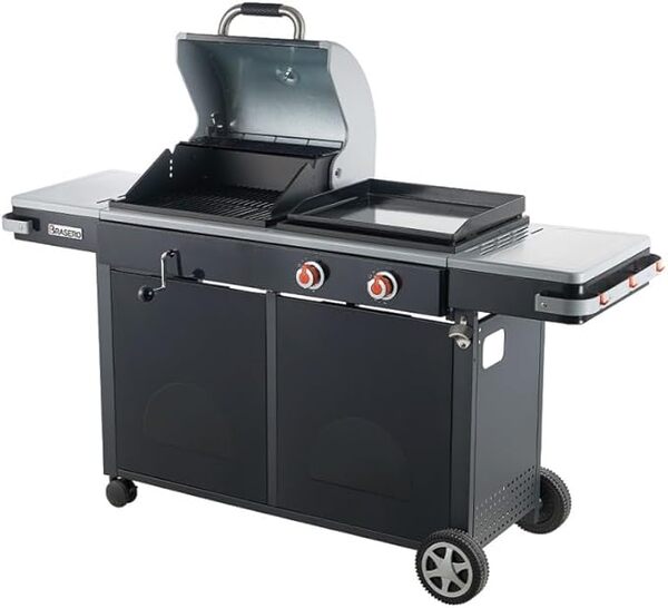 BRASERO - Barbecue Bi-Energy L Brasero - Barbecue Charbon 49 x 42 cm et Plancha à gaz 48 x 42 cm - 2 brûleurs gaz - 7,2 kW - Noir