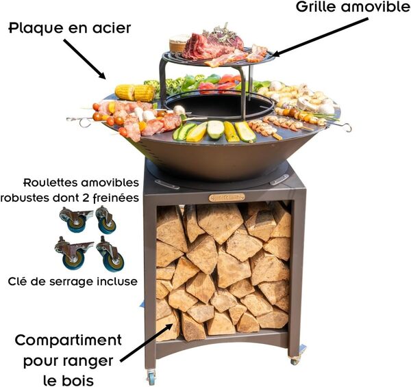 Fiesta Brasero Haut avec Plaque et Grille Amovible en Acier Barbecue plancha extérieur Ø 75 cm