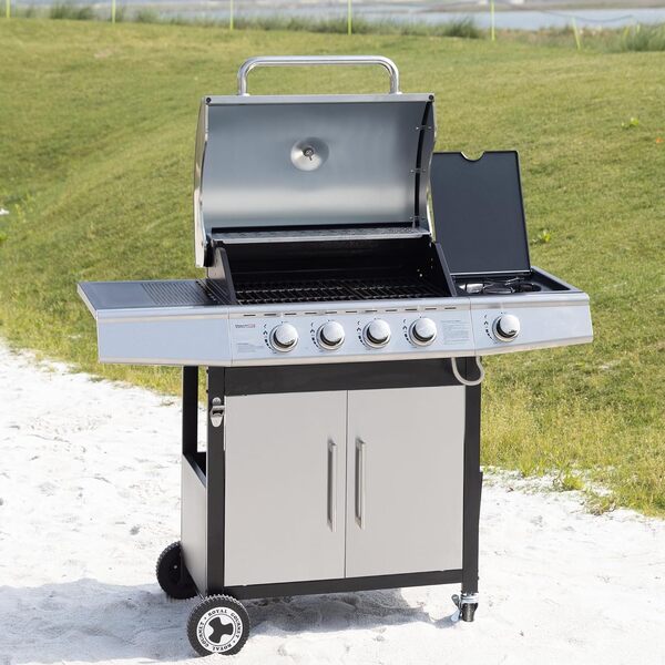 Barbecue Gaz à 4+1 Brûleurs en Acier Inoxydable, Gril à Gaz de Puissance 14,5kW avec Tablettes et Thermomètre, 2 Roues Directionnelles, 2 Portes, Adapté pour Jardin et Extérieure, Argent