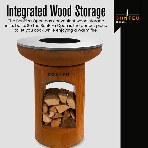 BonFeu BonBiza Foyer Ouvert pour Le Jardin - brasero & Foyer - en Acier Robuste - avec Grille & plancha pour Cuisiner - avec Grill - 80x80x100cm