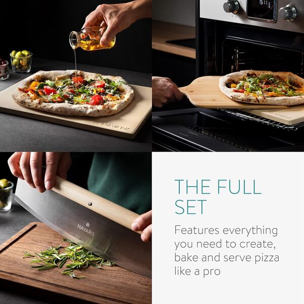 Navaris Pierre à Pizza - Kit Pierre Pizza Rectangulaire XL 38x30cm Pelle Bambou Mezzaluna et Recettes - Four Traditionnel Bois Barbecue Grill Charbon