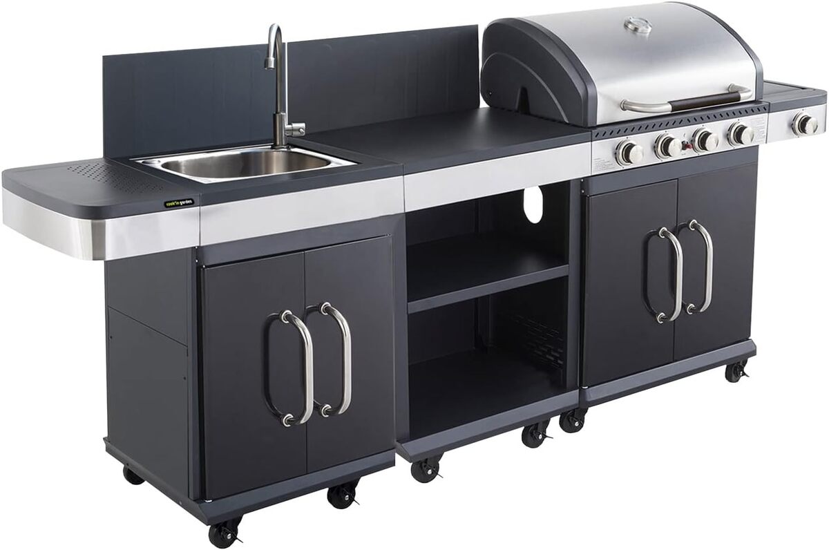Barbecue Gaz Happy Garden FIDGI 3 - 3 Brûleurs + Réchaud - 11.5 KW - Thermomètre, Grille, Plancha - Roulettes, Capot - Dimensions 122x57x112 Cm