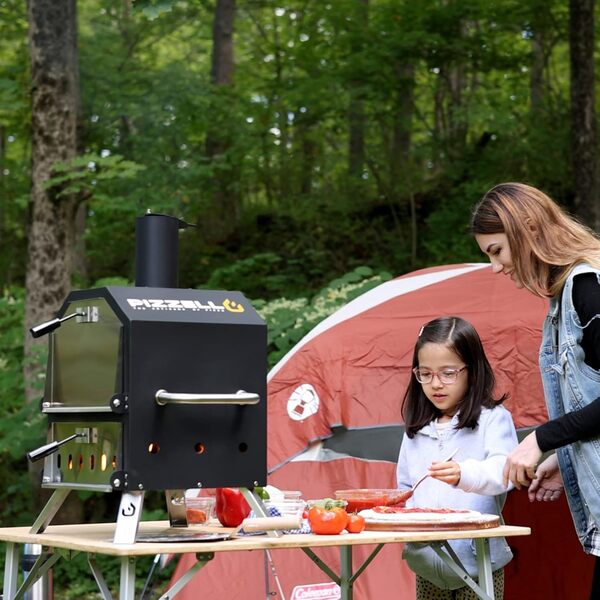 Machine à pizza d'extérieur au feu de bois 2 couches avec pierre à pizza, peler et grille – Housse imperméable et pieds pliables pour camping, barbecue et cadeaux (66 cm)