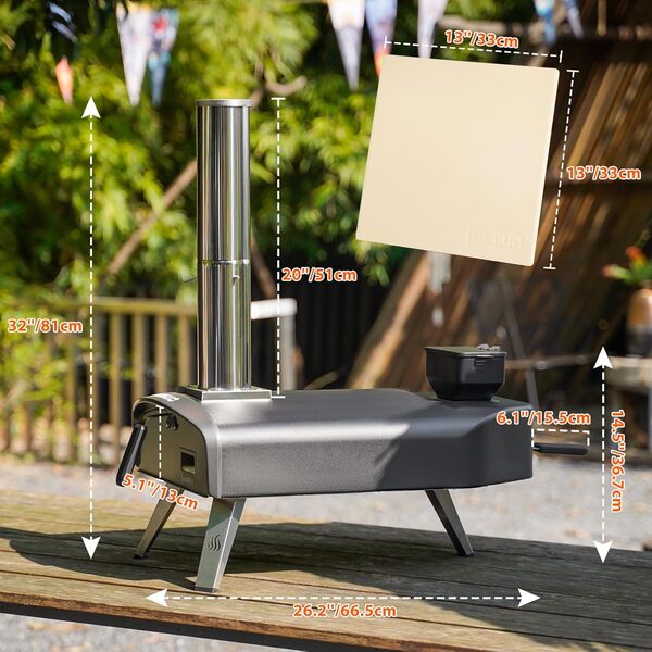 Four a Pizza Pellet avec Pierre à Pizza 33cm, Four à Pizza Extérieur à Pellet pour Cuire Pain Camping Barbecue Jardin, Portable Four Pizza Bois, Noir