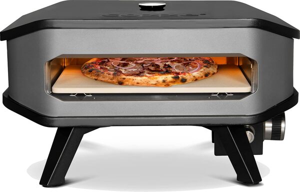 Cozze® 90349 Four à pizza à gaz, 33 cm, avec thermomètre, mobile, pour pizza, barbecue à gaz, réglable jusqu'à 400 degrés, avec pierre à pizza de 34 x 34 cm, portable, pour terrasse, balcon, noir