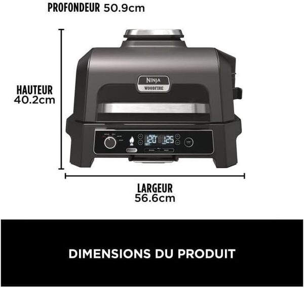 Ninja Woodfire Barbecue électrique et fumoir Pro XL avec thermomètre, barbecue et Air fryer d'extérieur 4-en-1 avec système Smart Cook et granulés Woodfire, portatif, gris/noir, OG850EU