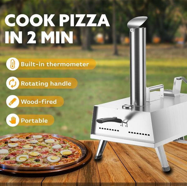 MAGIC FLAME Four à pizza d'extérieur au feu de bois, machine à pizza portable en acier inoxydable avec poignée rotative, pierre à pizza et pelle pour camping barbecue