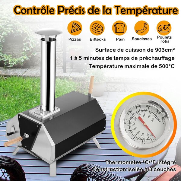 GYMAX Four à Pizza Extérieur avec Pierre à Pizza 30CM, Thermomètre Intégré, Pieds Pliables, Poêle à Pizza à Granulés en Métal Inoxydable pour Camping, Pique-Nique, Fête [Classe énergétique A+++]