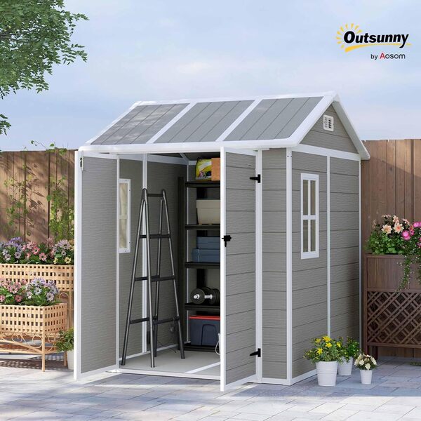 Outsunny PP Abri à Outils avec Plancher, 2,91m² avec Double Porte et Serrure, Toit incliné, abri pour Patio, Cour, extérieur, 181x181x220cm, Gris