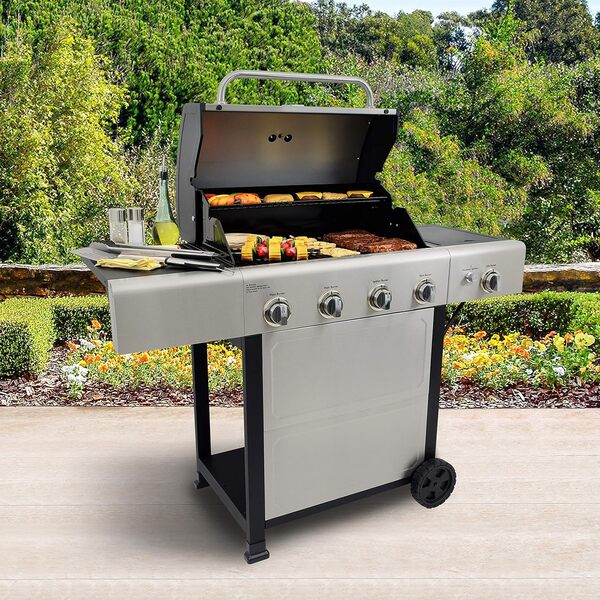 Kenmore PG-A40406S0L-SE Barbecue d'extérieur à 4 brûleurs au gaz propane liquide avec brûleur latéral et tables d'appoint, 53 000 BTU, chariot ouvert, acier inoxydable