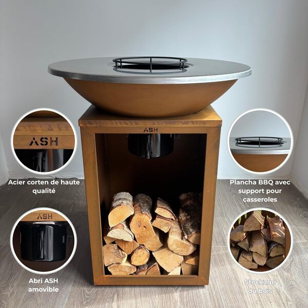 Plancha - BBQ - Barbecue - Acier Corten - Plaque de cuisson - Ø81 cm - Extérieur - Rangement bois - Plancha - Ash Solaris - XXL - Anneau de barbecue - Cheminée de jardin - Barbecue - Aspect luxueux