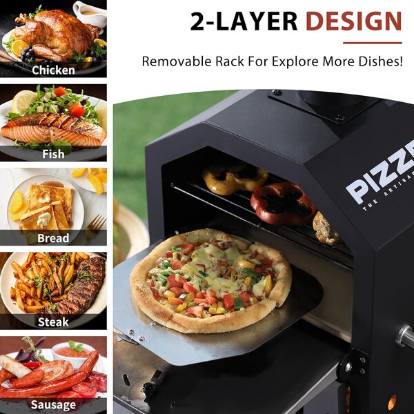 Pizzello Four à pizza d'extérieur Four à pizza au feu de bois pour la cuisson de 2 pizzas Machine à pizza d'extérieur avec pierre à pizza, épluche-pizza, couvercle [Classe énergétique A+]