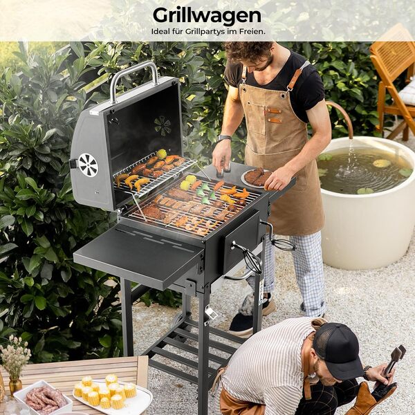 LIFERUN Chariot à Barbecue, Barbecue au Charbon de Bois avec Couvercle, Fumoir, BBQ Charbon avec 2PCS Roues, Thermomètre, Gril Réglable en Hauteur, Barbecues à Charbon pour Camping et Jardin