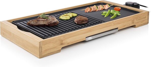 Tristar BP-2641 Plancha de table Tristar Bamboo Grill XL noire, 6 personnes, Plaque de cuisson en fonte d'aluminium, Bambou, Noir, 51 x 25,4 cm