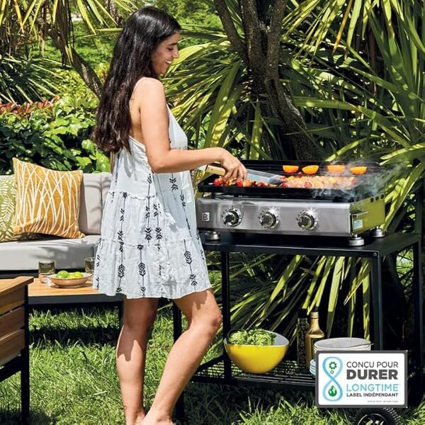 BRASERO - Plancha Silvia IIG Inox 3 feux Brasero - Surface cuisson 67 x 34 cm - 3 brûleurs - Plaque Fonte émaillée fabriquée en France - Grille de réchauffement - Jusqu'à 10 convives - 7,5kW