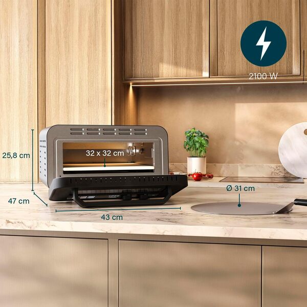 Princess Four à Pizza Pro Max, 15L, 400°C, 2100W, Commandes Tactiles, Pierre et Pelle Incluses, Chaleur Haut/Bas, Minuterie, Compact et Portable, Utilisation Intérieure/Extérieure, 112780