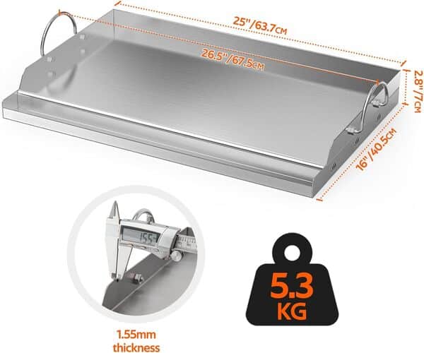 Onlyfire Plaque de Cuisson en Acier Inoxydable, Universelle BBQ Plancha avec Poignée, 63,7x40,5cm, Plaque de Barbecue pour Barbecue à Gaz et Charbon de Bois, Rectangulaire