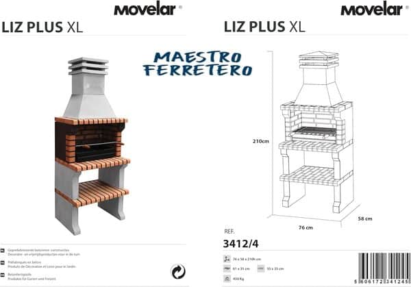 MOVELAR - Barbecue préfabriqué à bois et charbon de bois en béton réfractaire modèle Liz XL (Gris, Orange - 76 x 58 x 210 cm) REF: 3412/4 - Cuisine extérieure compacte pour terrasse, patio ou jardin