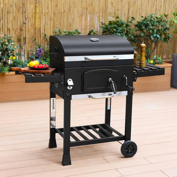 Barbecue Grill Charbon de Bois - Bernard Noir - Fumoir avec récupérateur de Cendres, aérateurs, bac Charbon Ajustable et tablettes rabattables