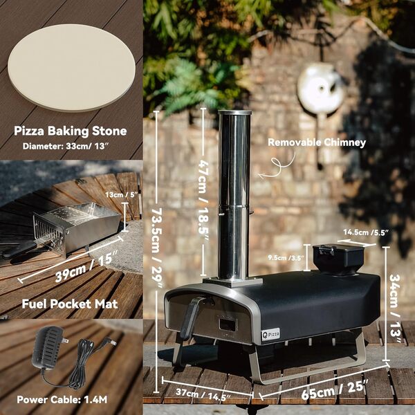 Q Pizza Four à pizza à granulés de bois avec pierre rotative, four à pizza portable avec cheminée et porte, réchaud à pizza d'extérieur pour jardin, camping, pique-nique, camping-car, hayon, PS106