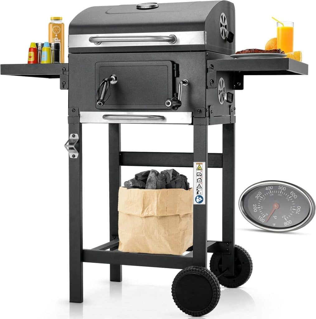 Test du chariot barbecue au charbon avec fumoir et thermomètre