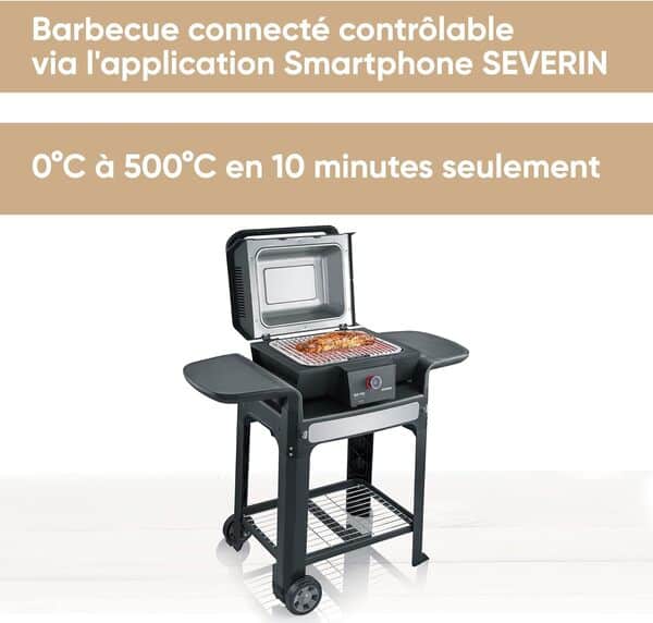SEVERIN Barbecue électrique connecté via Application Smartphone SEVO SMART CONTROL GTS, Gril électrique 3 000 W avec couvercle, Gril sur pieds avec sonde thermique, Noir, PG 8139