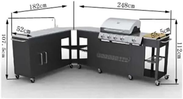 Grand barbecue à gaz GPL butane propane cuisine extérieure 4 brûleurs + 1 réchaud latéral 1 évier grand plan de travail inox espace de rangement 8 roues