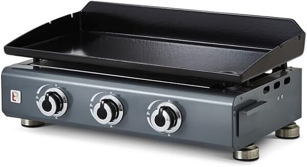 BRASERO - Plancha gaz Silvia II G 3 Feux Gun Metal Surface Cuisson 67 x 34 cm - 3 brûleurs - Plaque Fonte - Grille de réchauffement - Tiroir Graisse - Jusqu'à 10 convives - 7,5 KW