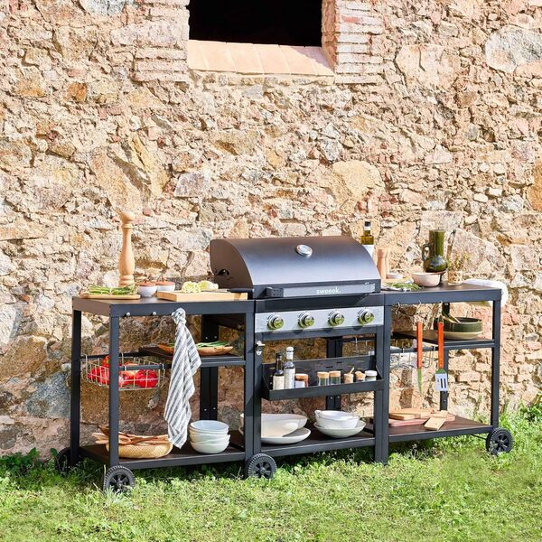 sweeek - Barbecue 4 brûleurs. cuisine d'extérieure DANGLARS. Acier noir. L 223.5 x P 60.5 x H 142 cm