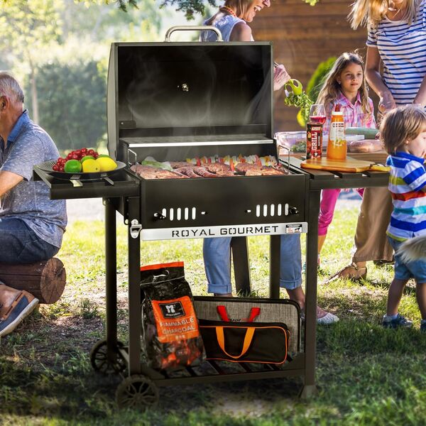 Royal Gourmet Barbecue à Charbon de Bois, Grill à Charbon sur Chariot avec Tablettes Pliables, Couvercle, Thermomètre, Surface Cuisson 56,5 x 42,2 cm pour Jardin, Camping, Noir