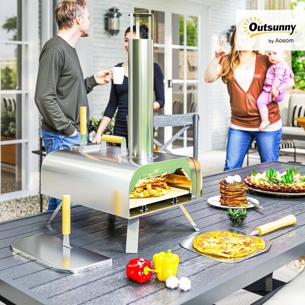 Outsunny Four à pizza extérieur portable à bois ou à pellet avec pierre à pizza, pieds pliables, cheminée, en acier inoxydable, argenté [Classe énergétique A]