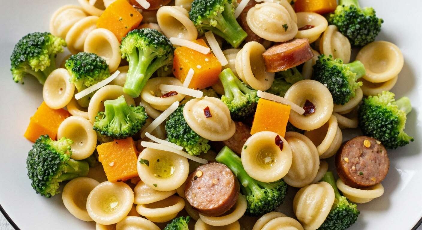Recette d'orecchiette aux brocolis, butternut et saucisse : un plat savoureux