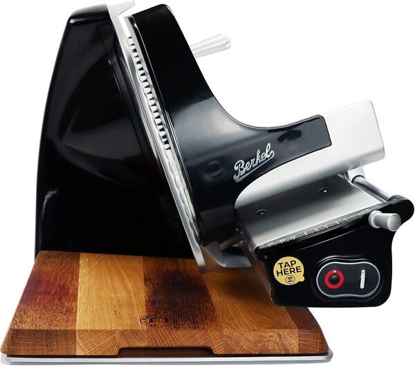 Berkel Home Line 250 Plus Trancheuse à charcuterie, noire, avec planche à découper 100 % faite main
