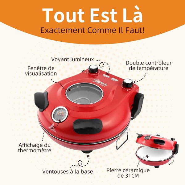 Four Pizza Electrique, Cuit une Pizza en 4 minutes, Pierre à pizza de Φ 31cm, Max 420°C Four a Pizza, 1200W, Pelle à Pizza, Grattoir et Recettes inclus