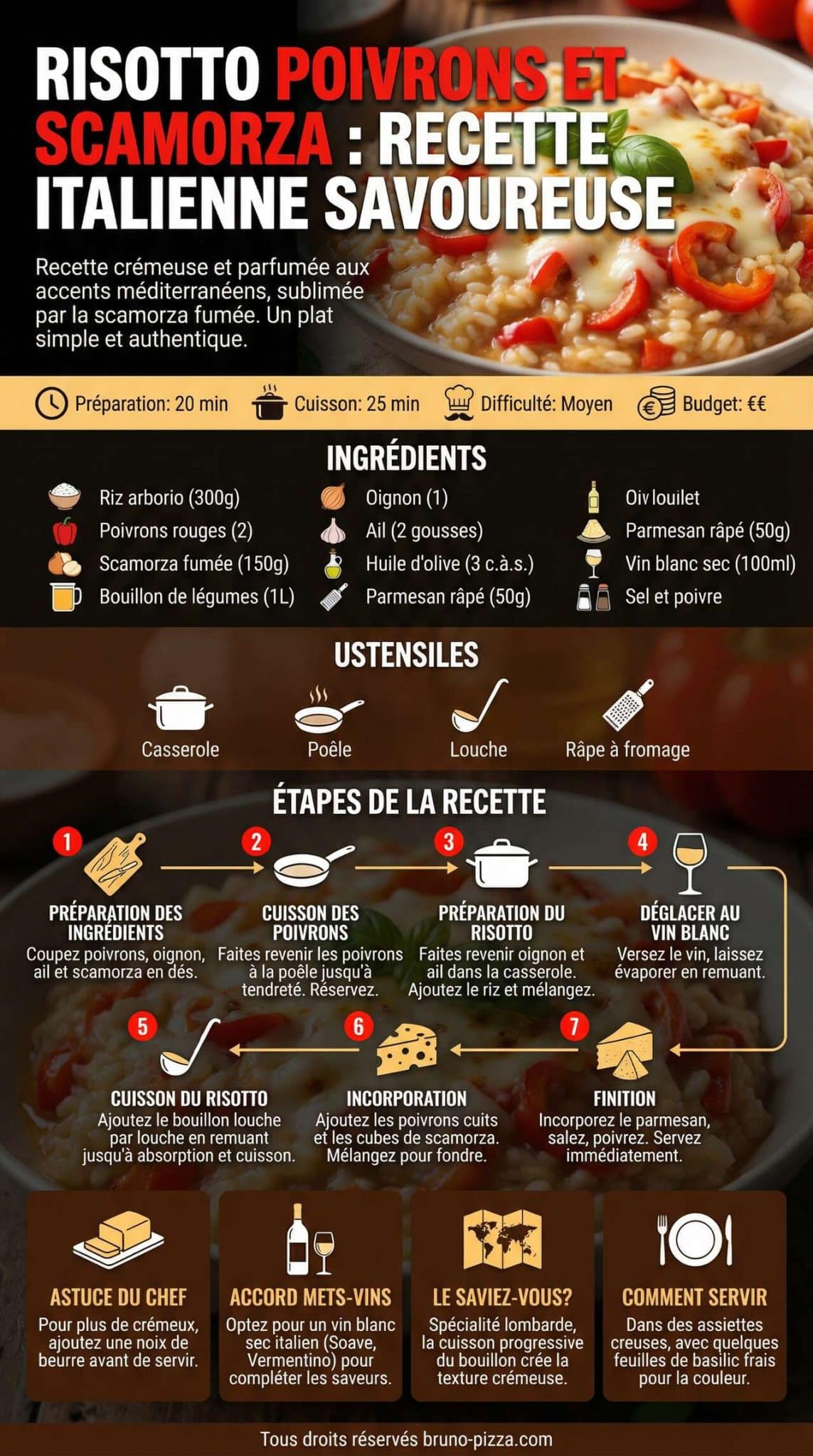 Infographie de la recette Risotto poivrons et scamorza : recette italienne savoureuse Infographie de la recette Risotto poivrons et scamorza : recette italienne savoureuse