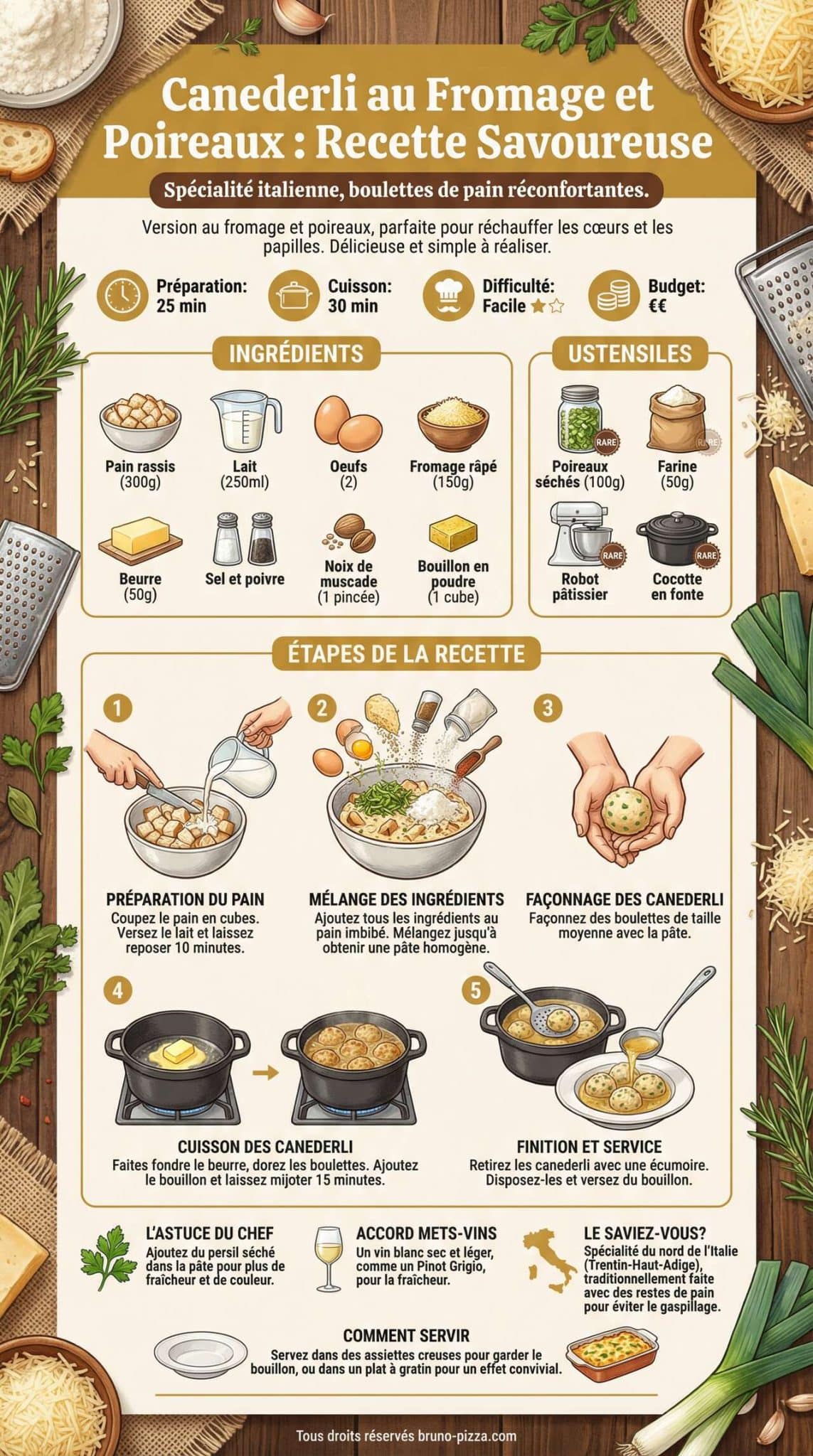 Infographie de la recette Canederli au fromage et poireaux : recette savoureuse