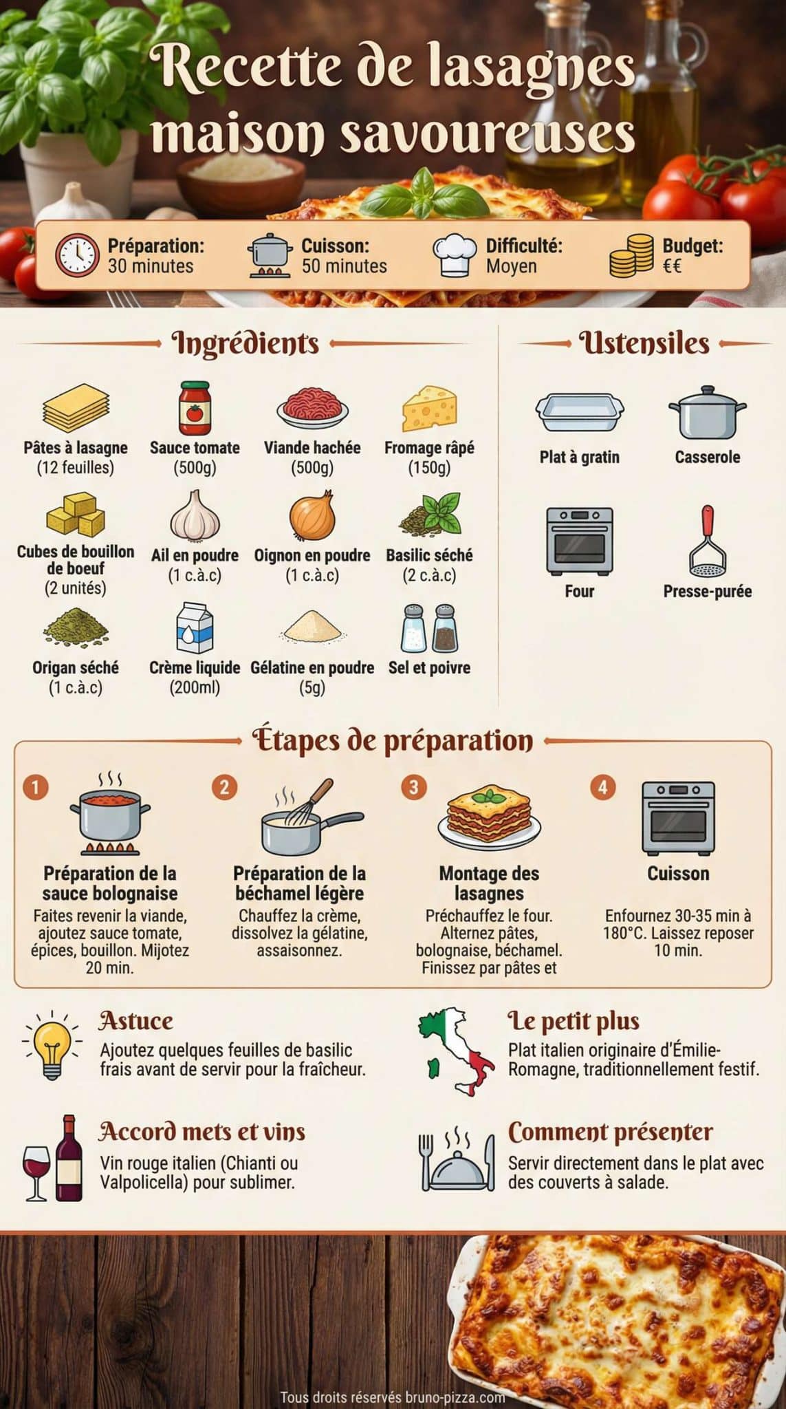 Infographie de la recette Recette de lasagnes maison savoureuses Infographie de la recette Recette de lasagnes maison savoureuses