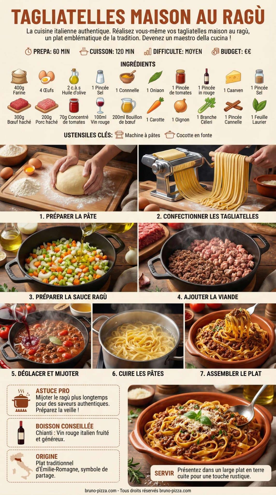 Infographie de la recette tagliatelles maison au rag&ugrave; : recette italienne authentique