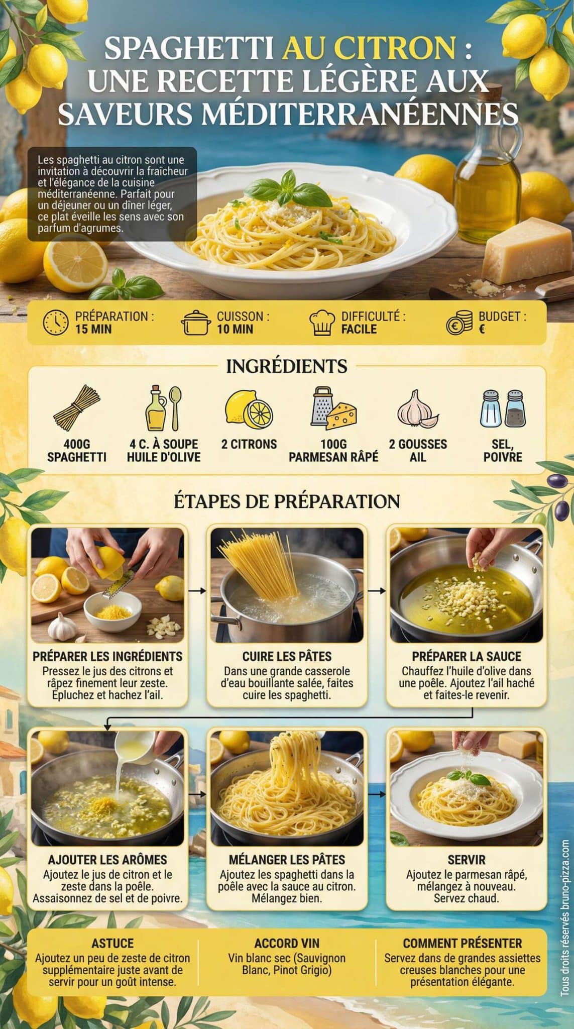 Fiche recette Spaghetti au citron : une recette l&eacute;g&egrave;re aux saveurs m&eacute;diterran&eacute;ennes