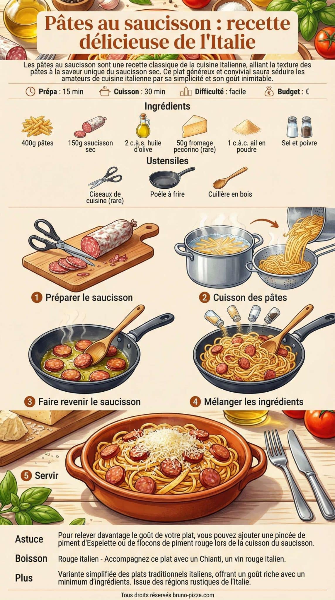 Fiche recette P&acirc;tes au saucisson : recette d&eacute;licieuse de l'Italie