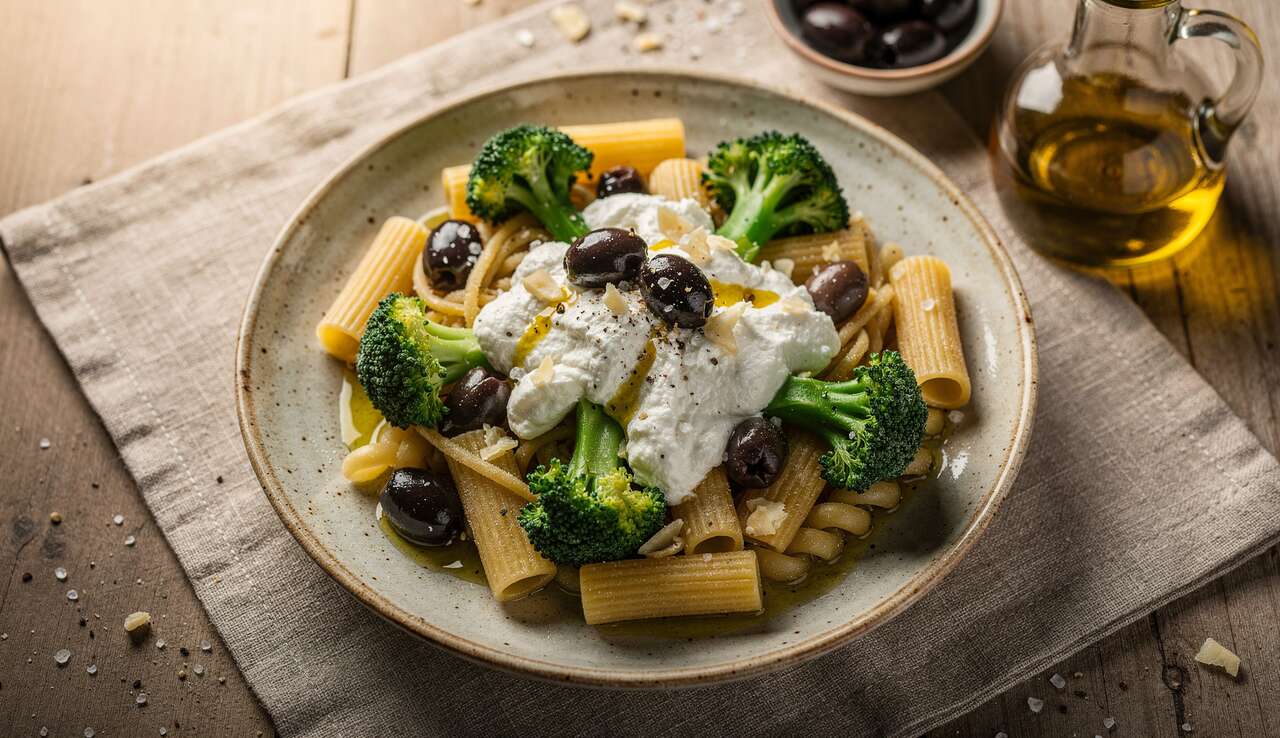 Pâtes aux brocolis, stracciatella et olives : une recette savoureuse