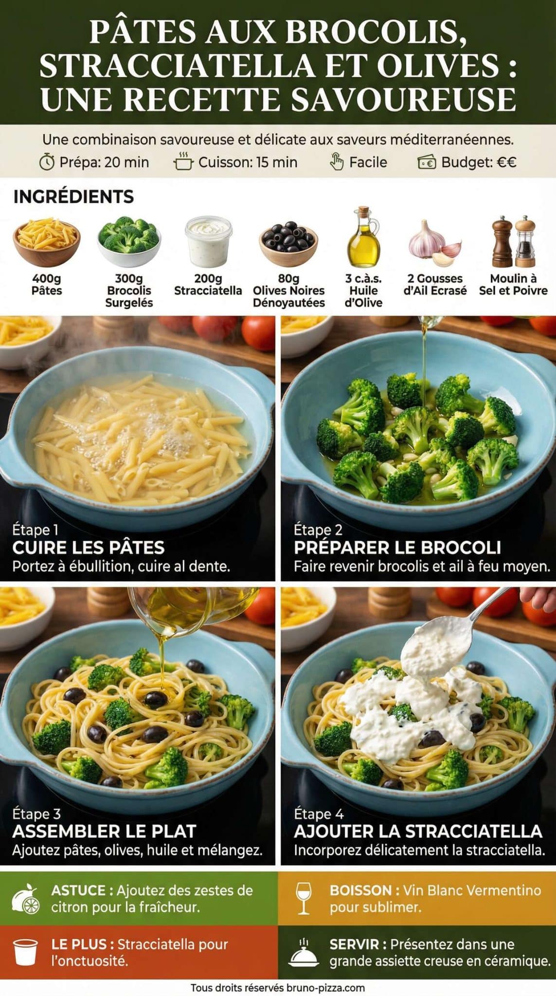 Fiche recette P&acirc;tes aux brocolis, stracciatella et olives : une recette savoureuse