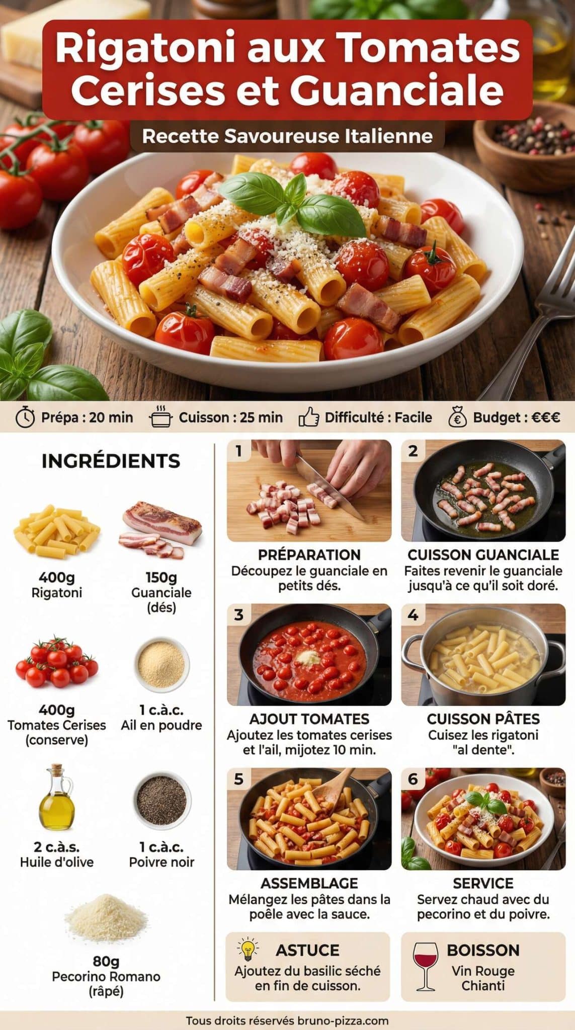 Fiche recette Rigatoni aux tomates cerises et Guanciale : recette savoureuse