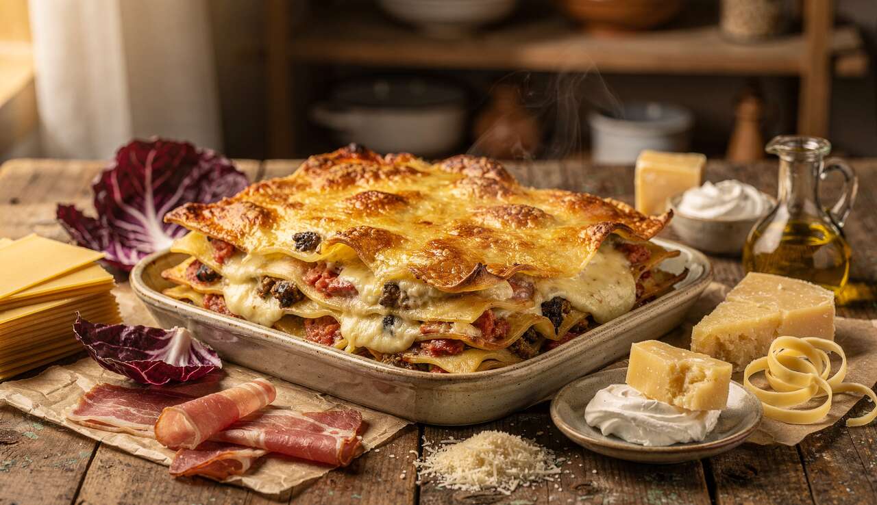 Lasagne au radicchio, speck et scamorza : recette savoureuse