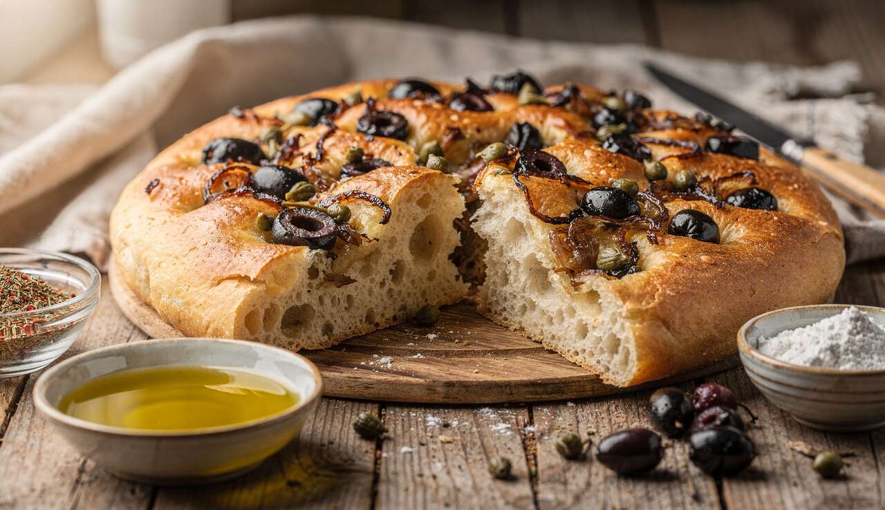 Focaccia fourr&eacute;e : recette aux oignons, c&acirc;pres et olives